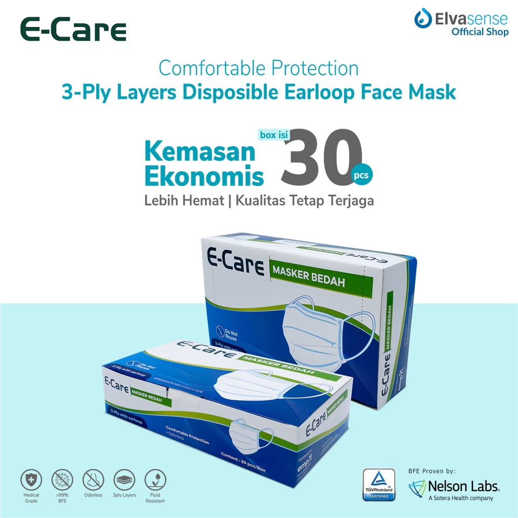 Masker Medis 3Ply (Earloop) E-Care 30pcs, BFE 99% by Nelson Labs.