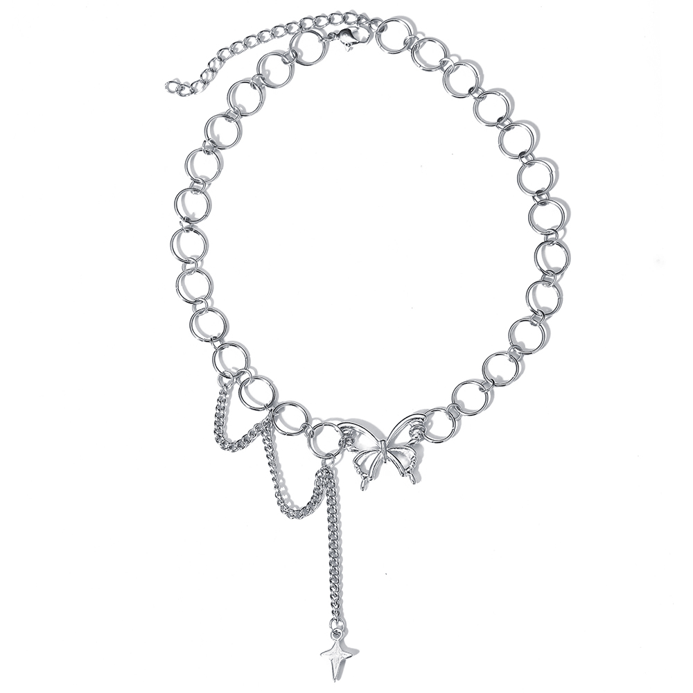 Kalung Rantai Klavikula Hias Liontin Kupu-Kupu Bintang Model Hollow Warna Silver Untuk Hadiah