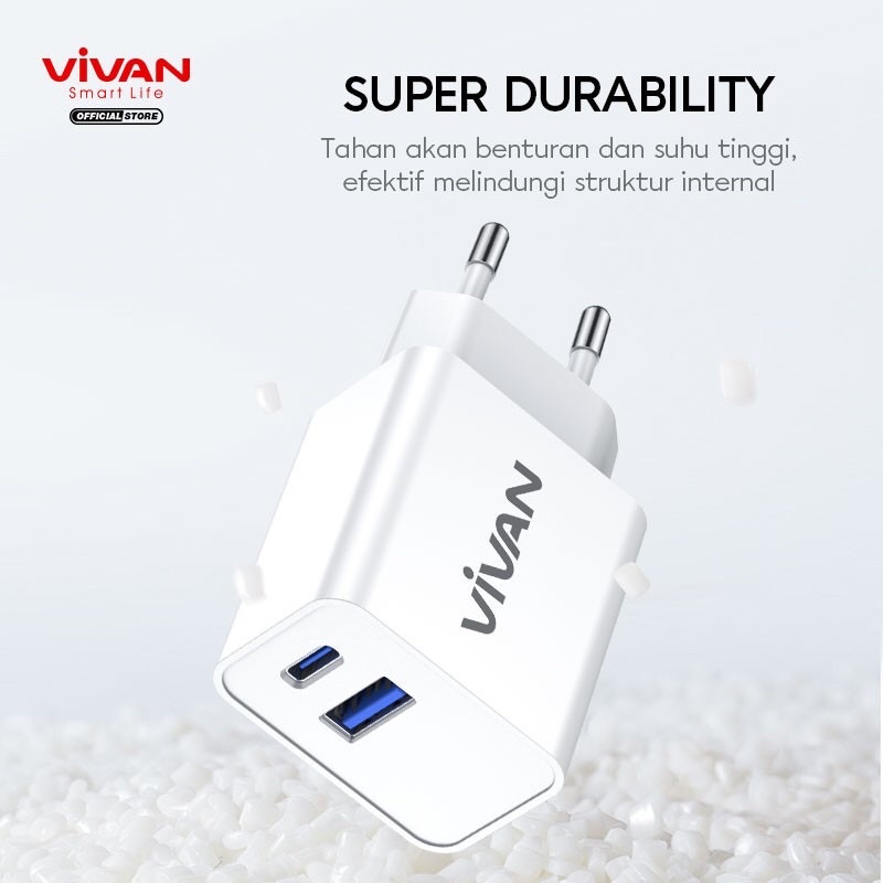 VIVAN Charger Power 25 3A PD/QC3.0 Dual Port with Super Durability White Garansi Resmi 1 Tahun