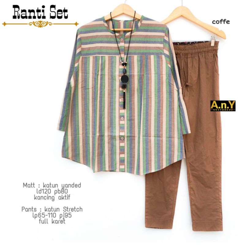 Setelan Kemeja Wanita Ranti Set Motif Garis Bahan Katun Yanded Ukuran Jumbo LD 110 Original