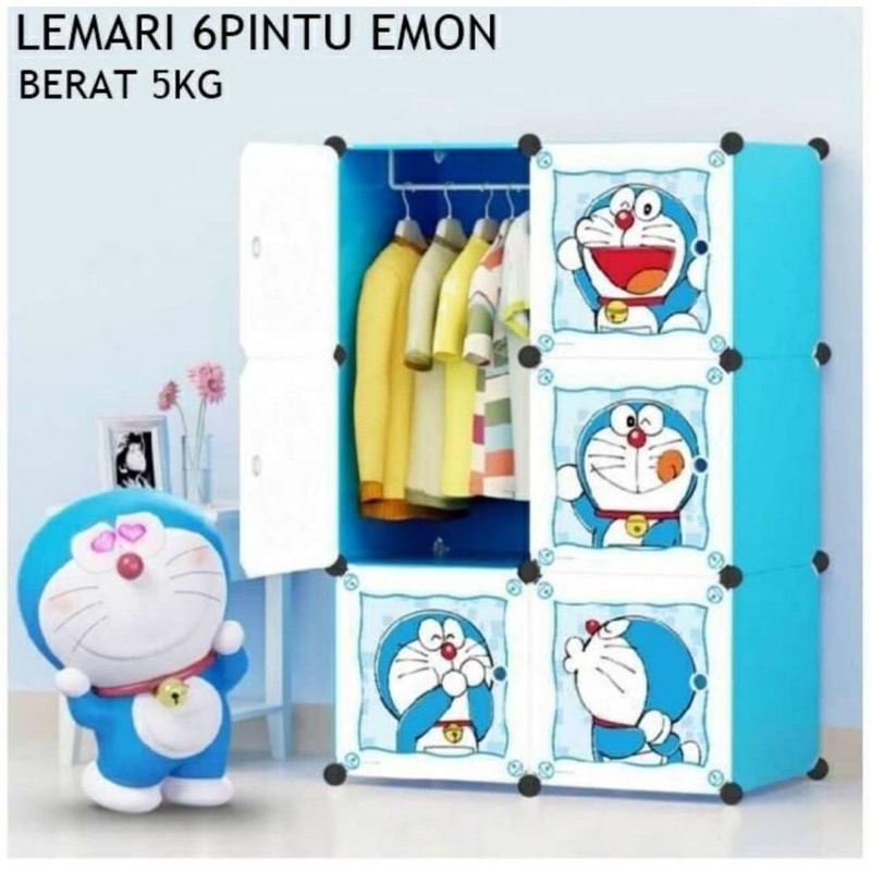 lemari pakaian plastik 6 pintu  rak gantung baju portable karakter