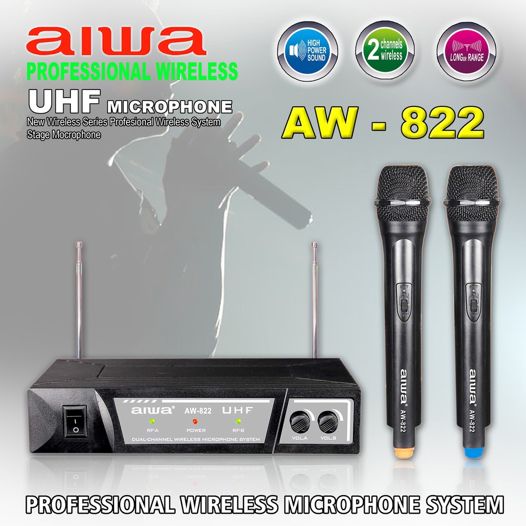 Mic Wireless AIWA AW 822 - Microphone Wireless AIWA UHF batrai AA suara mantap