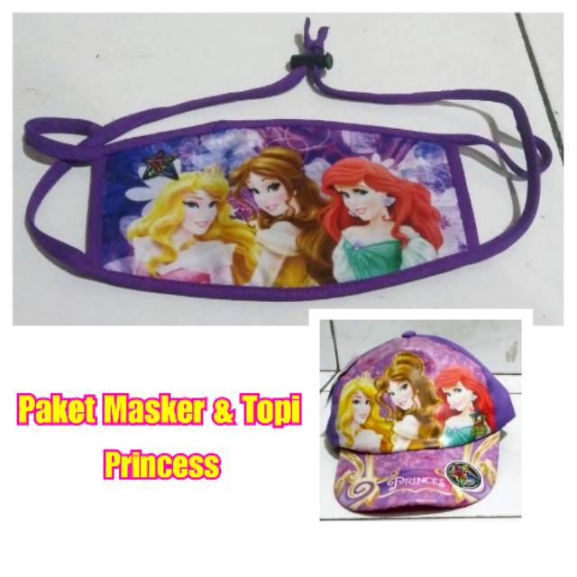 Paket Topi dan Masker mulut anak perempuan cewek karakter gambar kartun putri princess kecil ungu