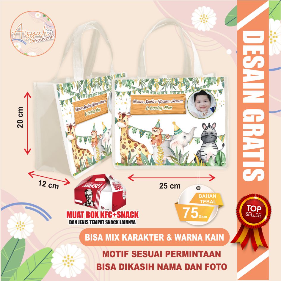 

tas ultah anak / tas souvenir / souvenir tas / tas ulang tahun / animal / tas motif anima / dll