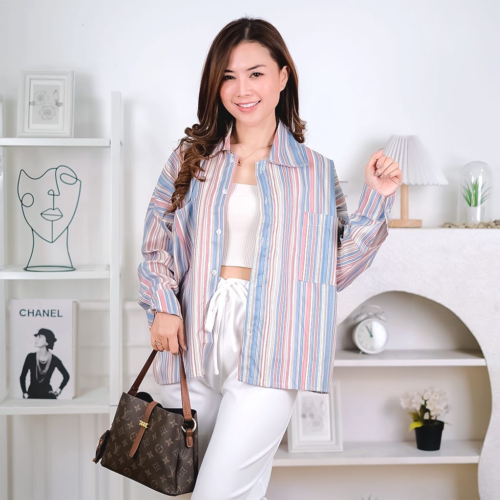 Tq88indonesia Fashion  Baju Kemeja Wanita Lengan Panjang Terbaru / Kemeja PICATO CANDY CUTE SHIRT / Kem Oversize Pocket / Hem / Busana Santai Cewek / Kemeja Salur Cewek