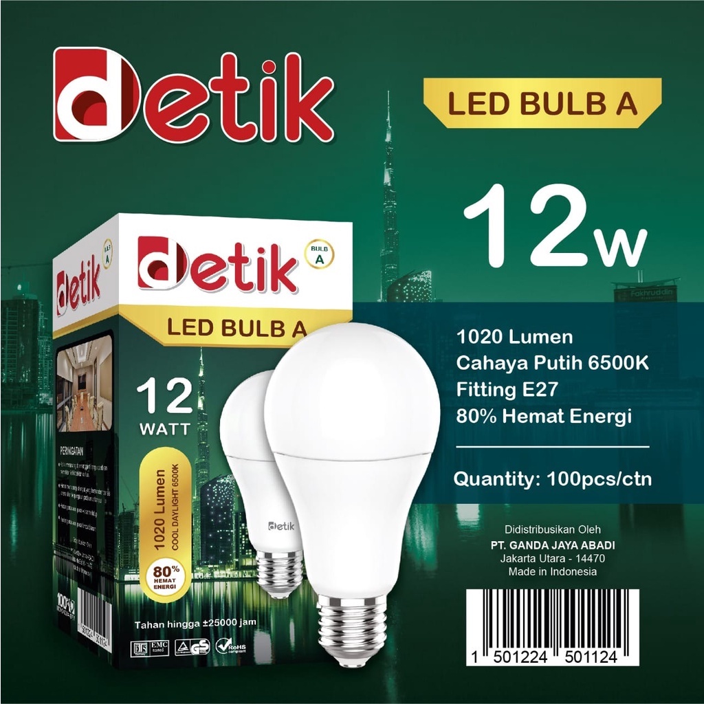 DETIK Lampu LED Bulb 12 Watt - Cahaya Putih (Garansi 1 Tahun)