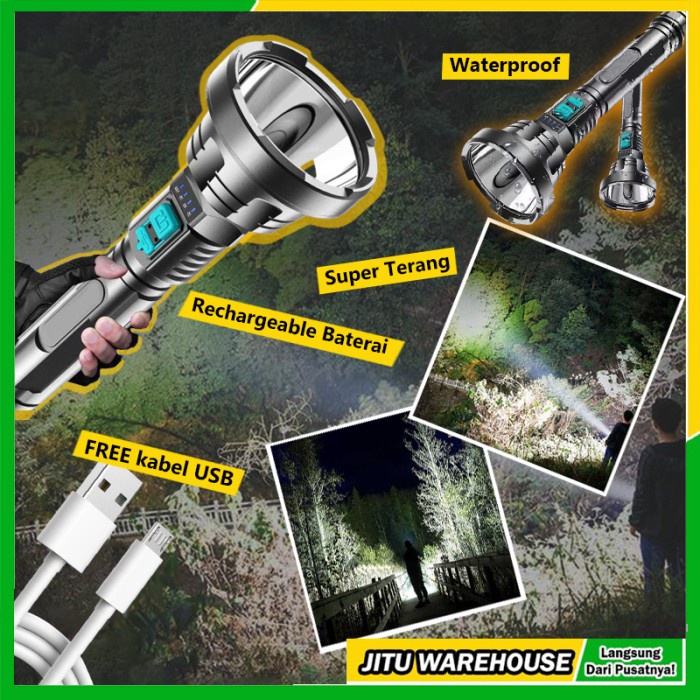 Senter Cas LED Besar Super Terang Jarak Jauh Waterproof Rechargeable