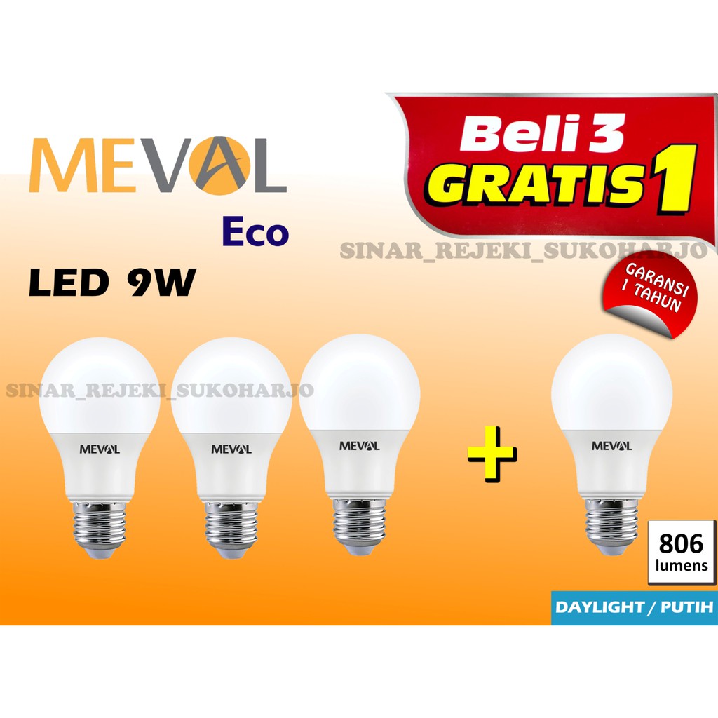 ((BELI 3 GRATIS 1)) MEVAL Paket Lampu Led 9W Eco Bulb Bohlam Bohlamp 9Watt 9 Watt Putih