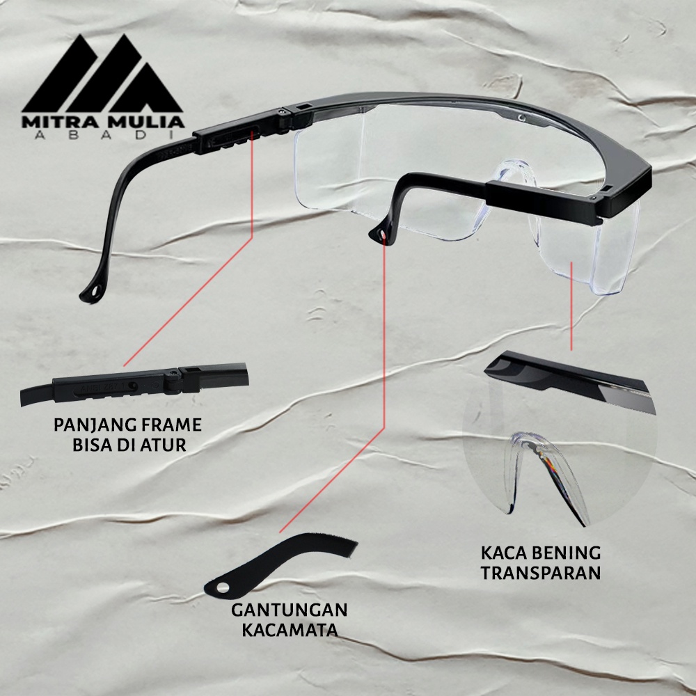 Kacamata Safety Glass Hitam Transparan | Kacamata Anti Virus Safety