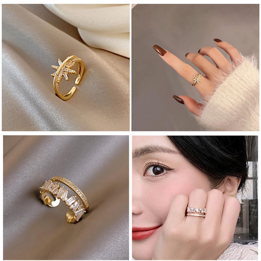 SUYOU Women Girl Opening Rings Wedding Party Finger Jewelry Zircon New Fashion Double Layer Gothic Luxury Ring Simple Gold Plated