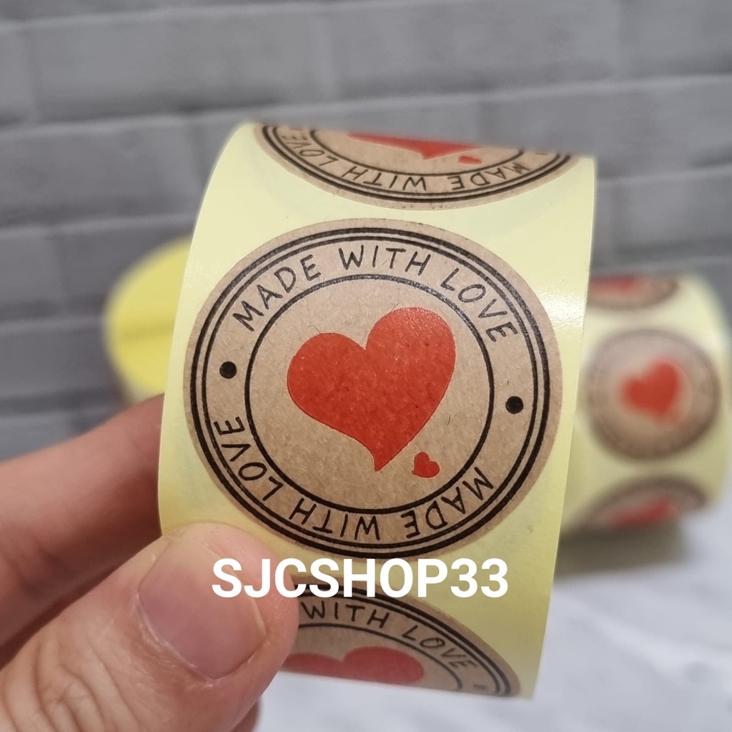 1 roll isi 350 pcs sticker label thank you kraft made with love 3,8 cm