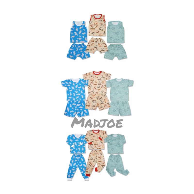 3PCS Miyo setelan oblong singlet celana pendek grey dino , setelan oblong pendek celana pendek grey 