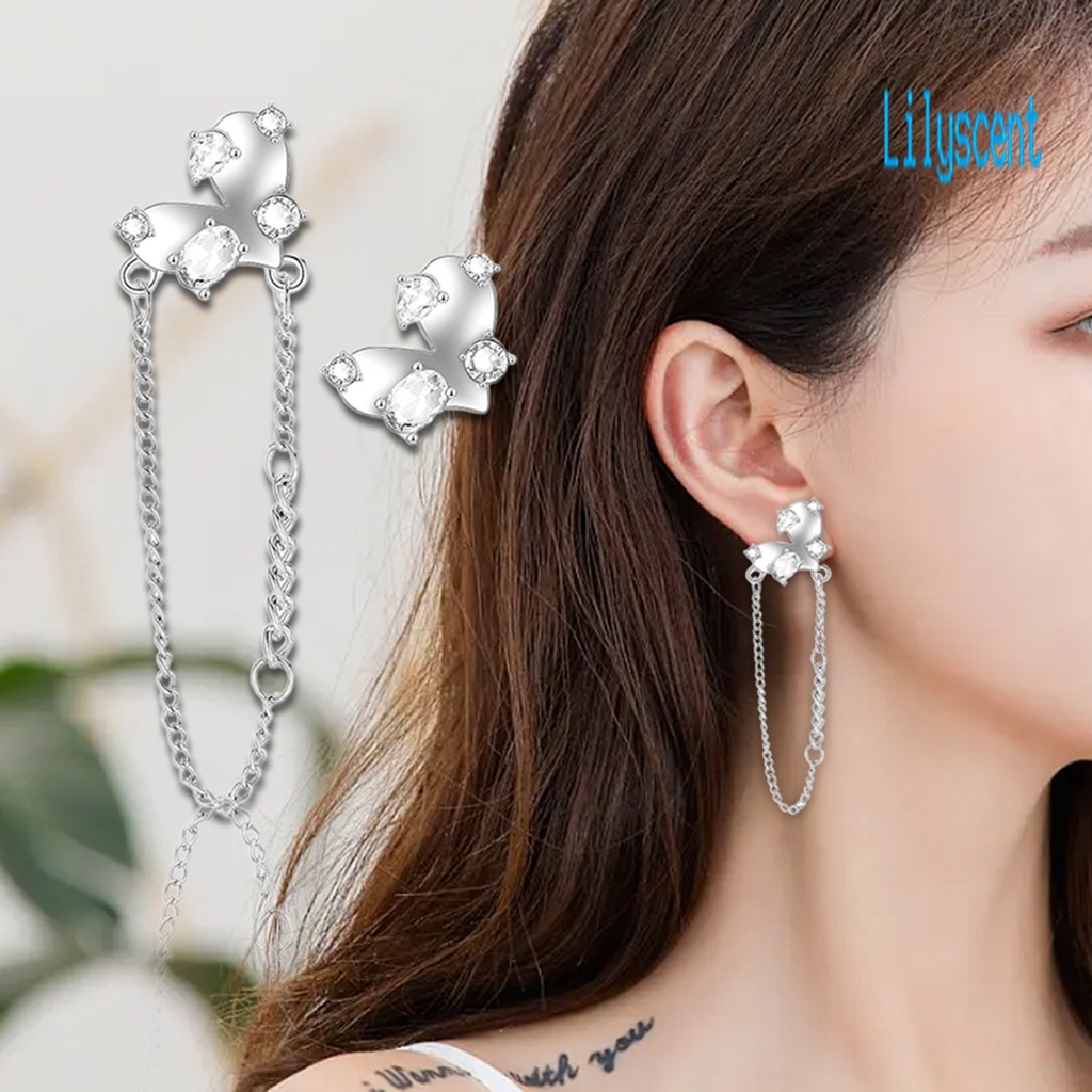 Ls 1 Pasang Anting Tusuk Asimetris Bentuk Hati Aksen Rumbai Cubic Zirconia Untuk Wanita