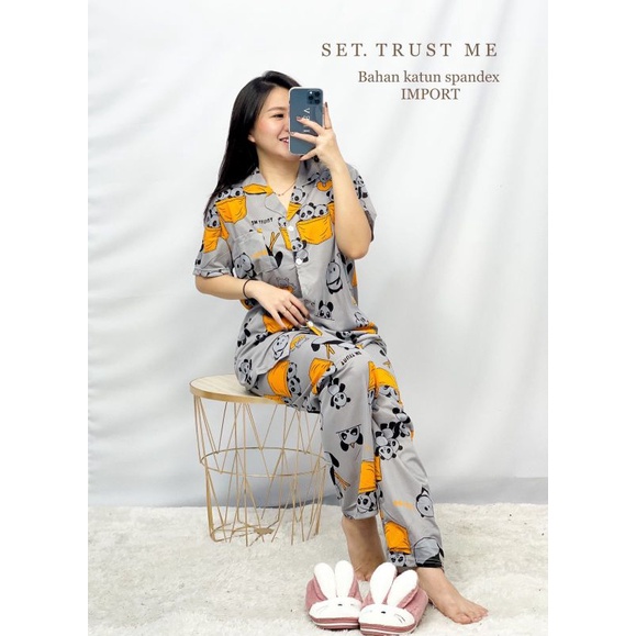 MDLV ~ Baju Tidur Set Trust Me CP Set Baju Tidur Dewasa Motif Panda celana Panjang Fashion Wanita