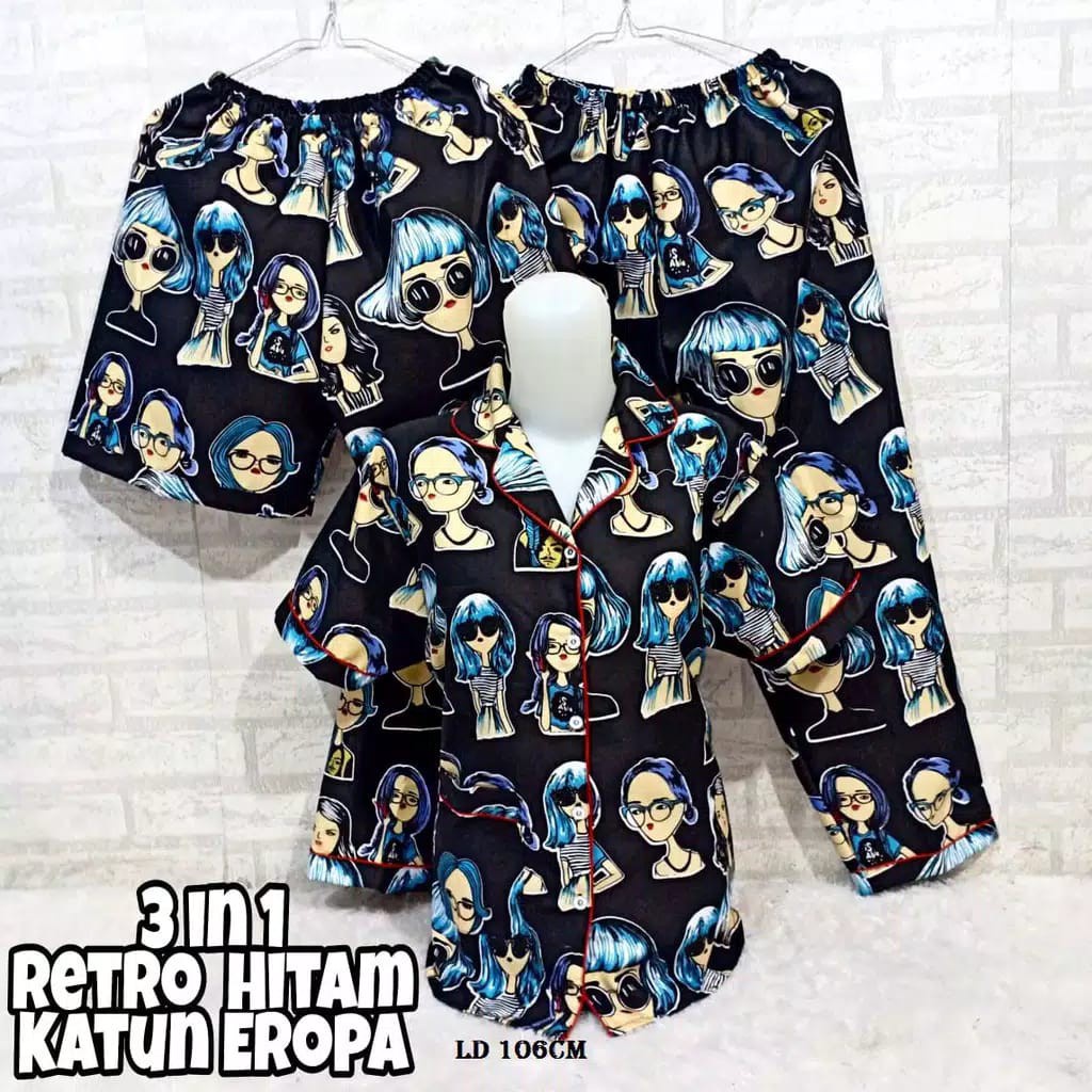 hokyfashion PIYAMA/BAJU TIDUR CP 3 IN 1 POOH HAPPY-3in1 retro hitam