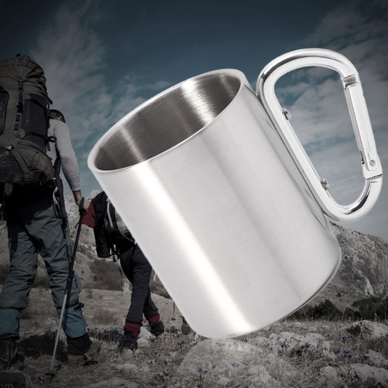 Sun Gelas Air Minum 220ML Bahan Stainless Steel Dengan Handle Carabiner Untuk Camping / Hiking