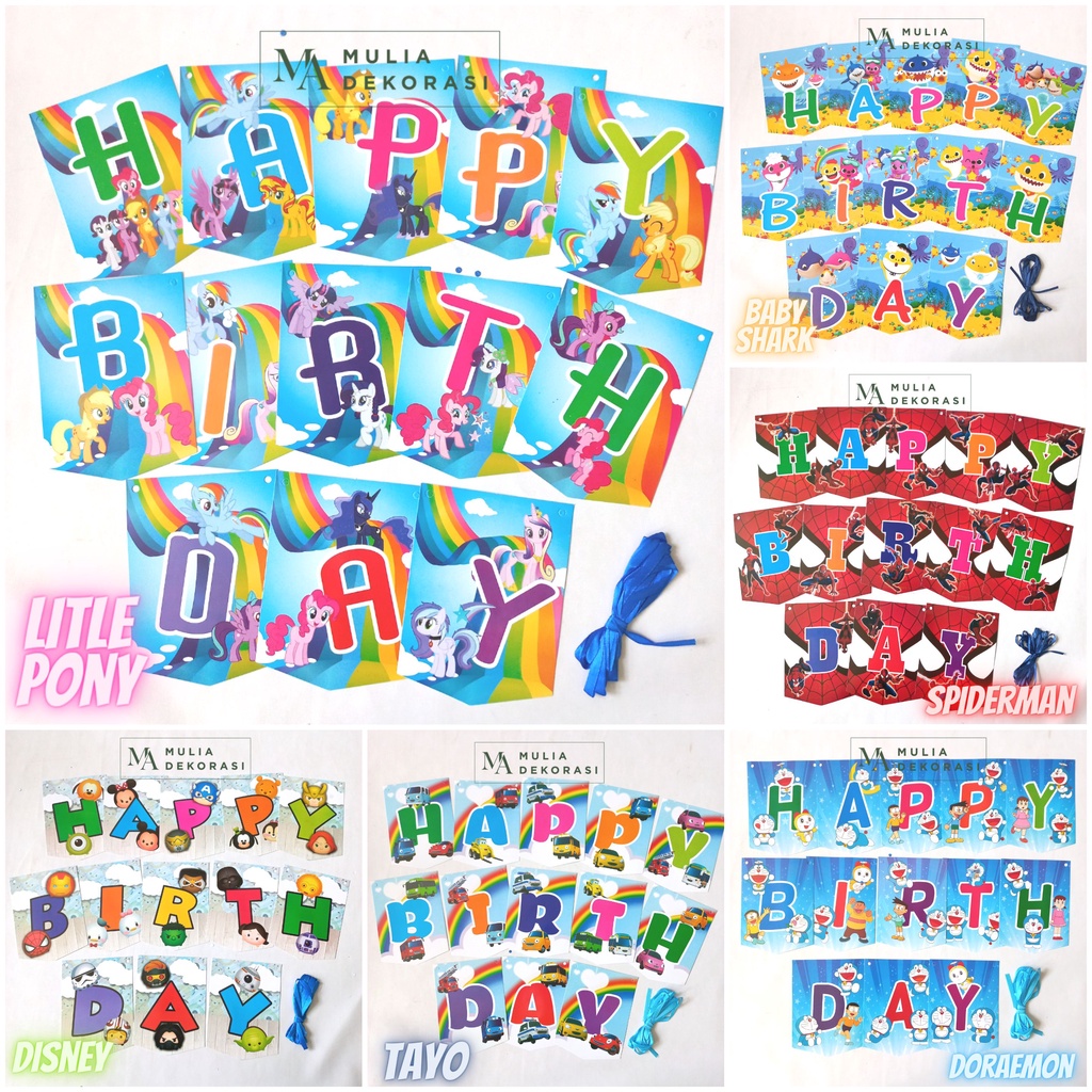 Bunting Flag Banner Happy Birthday 1 Set Motif Karakter Anak Lucu Disney Sapiderman Tayo Doraemon Baby Shark Kuda Poni