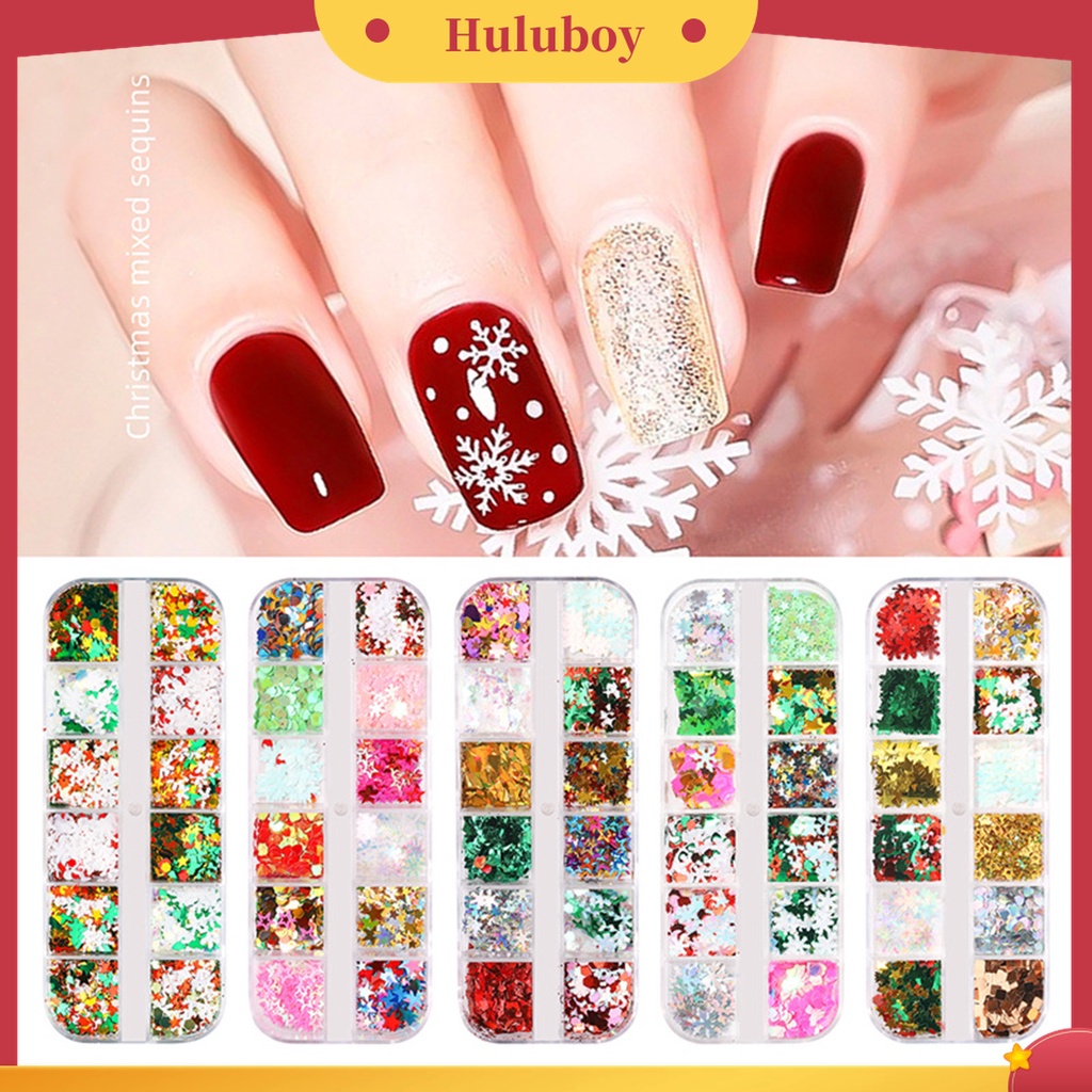 Huluboy Huluboy♡ 12 Grids / Box Stiker Sequin Mini Tema Natal Untuk Manicure