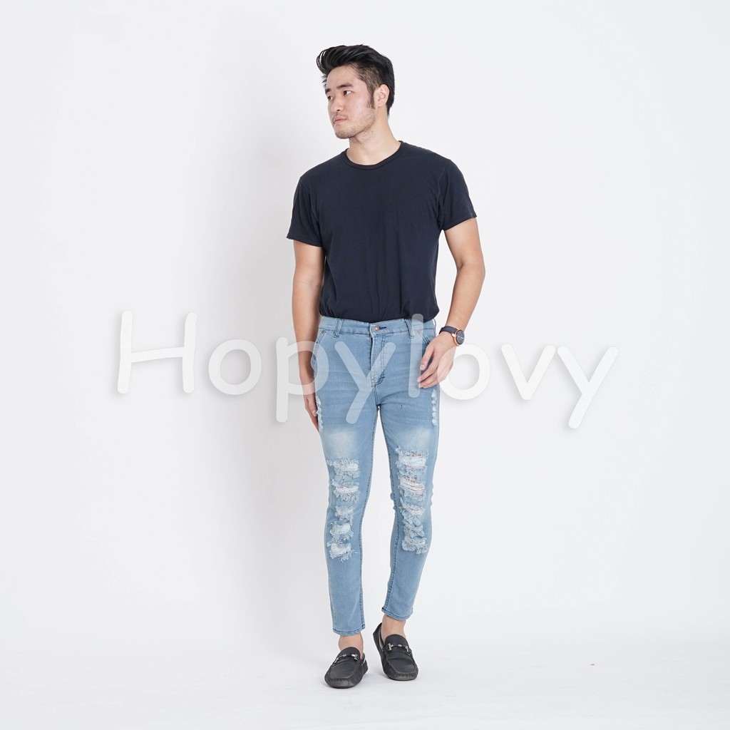 HOPYLOVY - Celana Jeans Panjang Pria Skinny Ripped Sobek Geijan