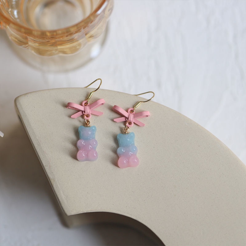 Buatan tangan ~ warna gradien bear anting-anting pink biru lembut gadis gaya Jepang kotak-kotak busu