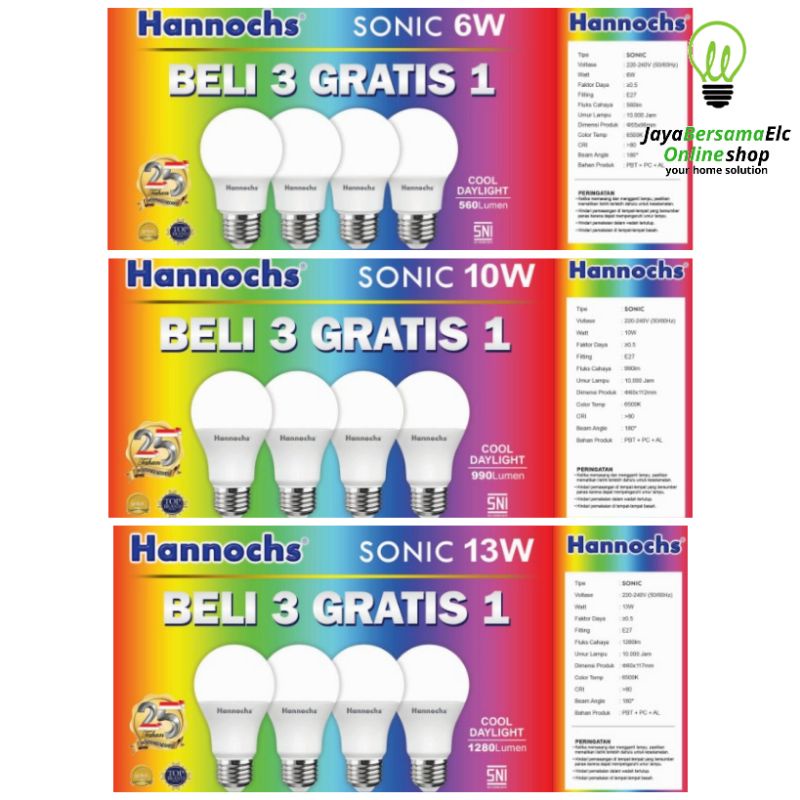 Lampu Led Bohlam Paket Hemat (BELI 3 GRATIS 1) HANNOCHS  SONIC 6w / 10w / 13w Watt ORIGINAL