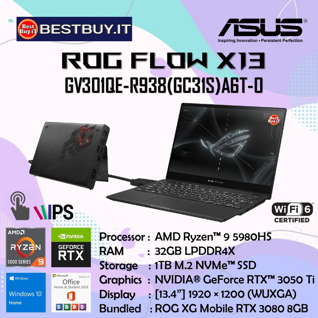 ASUS ROG FlOW X13 GV301QE R9-5980HS 32G 1TB RTX3050Ti+EGPU RTX3080 W10