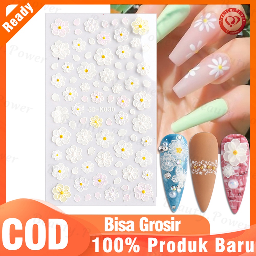 Stiker Kuku 1 Lembar Stiker Kuku Motif Bunga Kupu-Kupu Renda Desain 5D Terukir Nail Art Dekorasi Manikur Bunga Mawar Putih