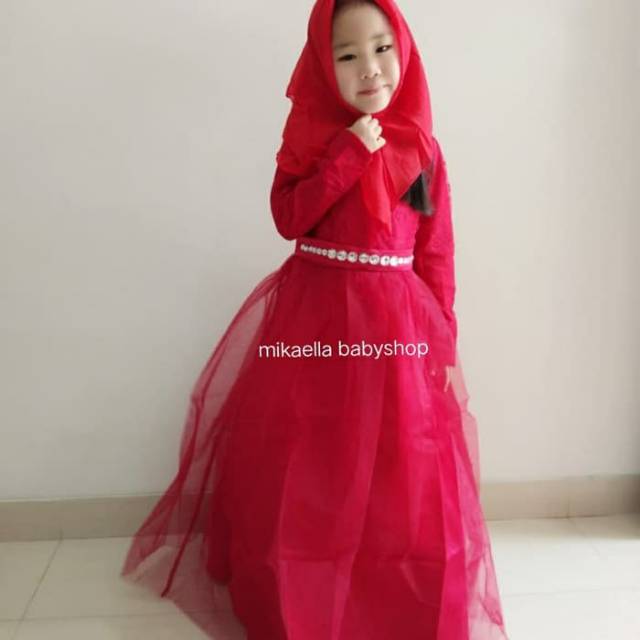 GAUN PESTA MUSLIM DRESS ANAK CEWEK BROKAT TILE CANTIK IMPORT