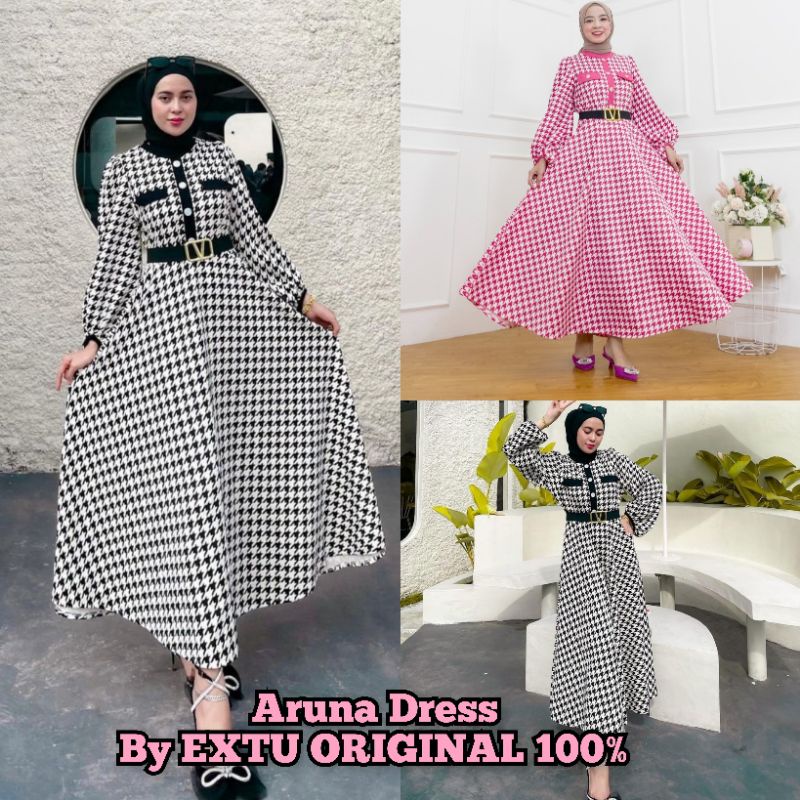 ARUNA Dress By Extu Original Free Belt Tangan Balon.Premium Limited Edition.Gamis Viral Midi Dress H