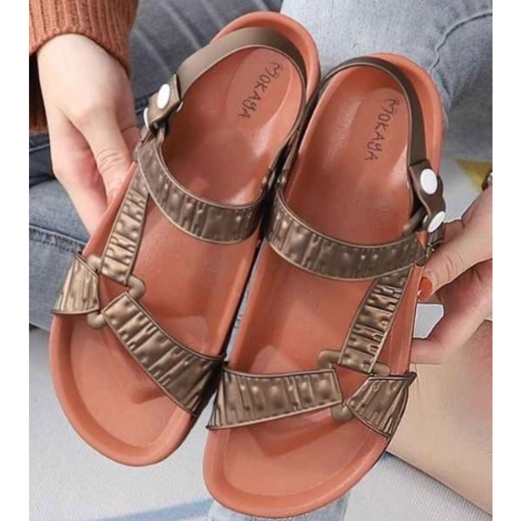 Sandal Let Gunung Jelly Wanita Tali Sambung Kerut Segitiga Kece Import Mokaya / Size 37-41 (8868-B1/8038-A3)-Cokelat x C. Gold