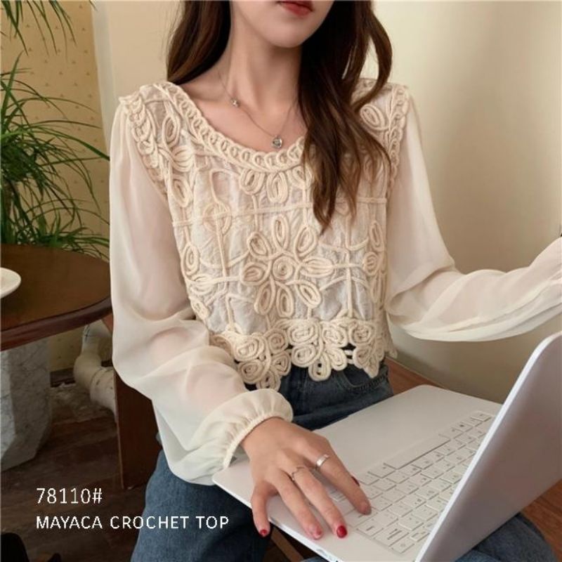 MDLV ~ 78110 MAYACA CROCHET TOP KOREA TERBARU ATASAN CROP BRUKAT LENGAN PANJANG FASHION IMPORT