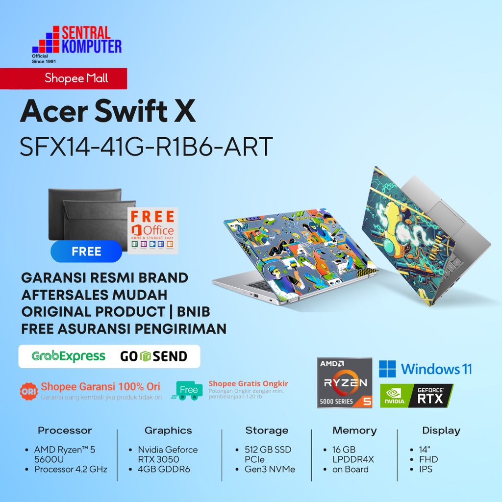 Acer Swift X SFX14-41G Ryzen 5 5600U-RTX3050-16GB-512GB SSD-Win 11+OHS