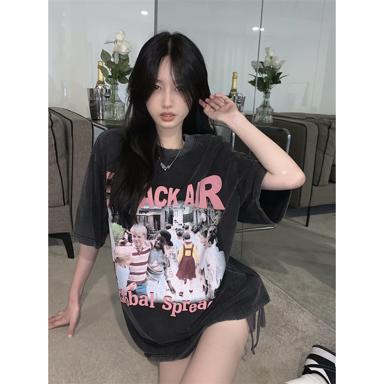 kaos atasan wanita/american vintage print kaos/korean style oversize letter printing t-shirt/kaos hitam