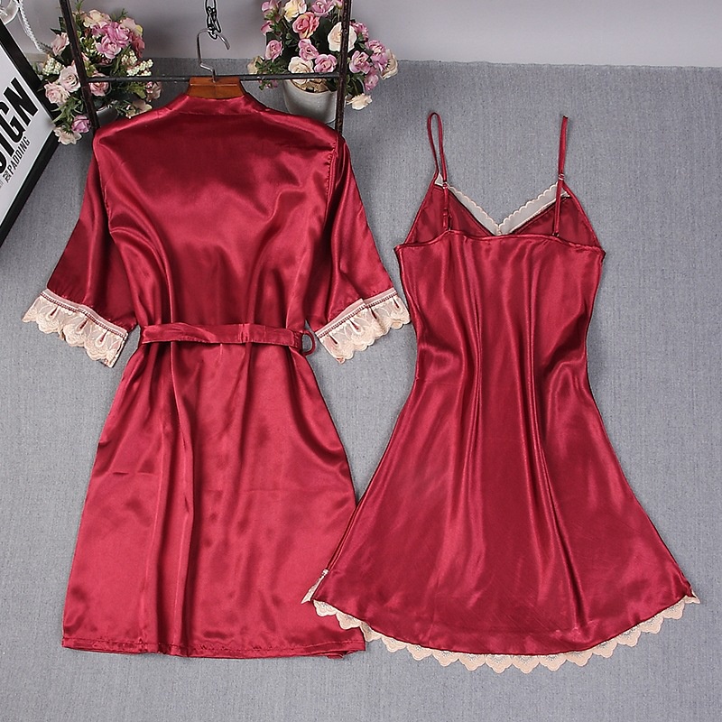 Suspenders Pajamas Women's Summer Sexy Ladies Nightdress +Night-robe 2pcs