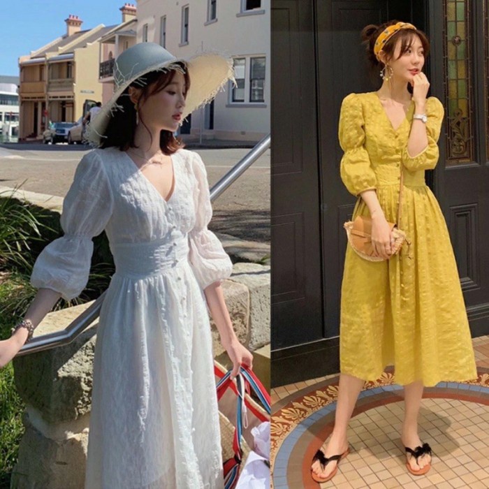 KEKINIAN Dress Korea / Korean Midi Dress / dress vintage MIDI DRESS MOTIF VIRAL BUSUI Baju tunik wan