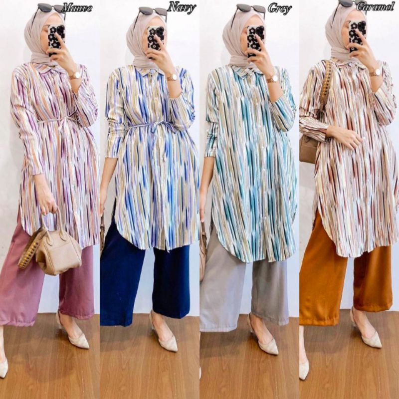 Areeta Set - One Set Wanita Kemeja Pelangi Shakila Twill Premium Setelan Baju Lengan 7/8 Set Celana Kulot Panjang Kekinian LD 110 cm