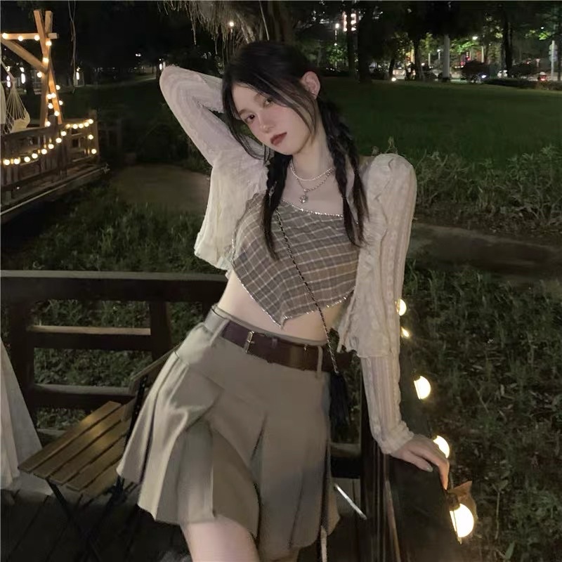 Korean Crop Tartan Plaid Tank Top | Vintage thrift tanktop kotak-kotak coklat