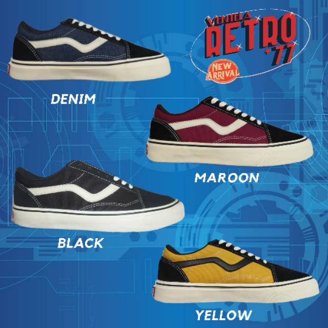  VENTELA  RETRO  77 BLACK MAROON YELLOW DENIM SEPATU  