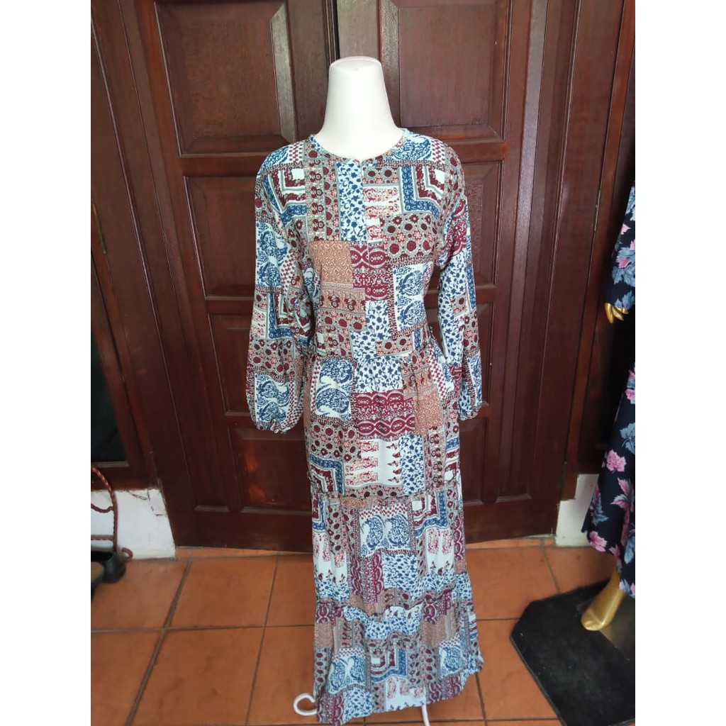 Baju Gamis Warna Corak Biru Langit Coklat dan Maroon, Tangan Baloon