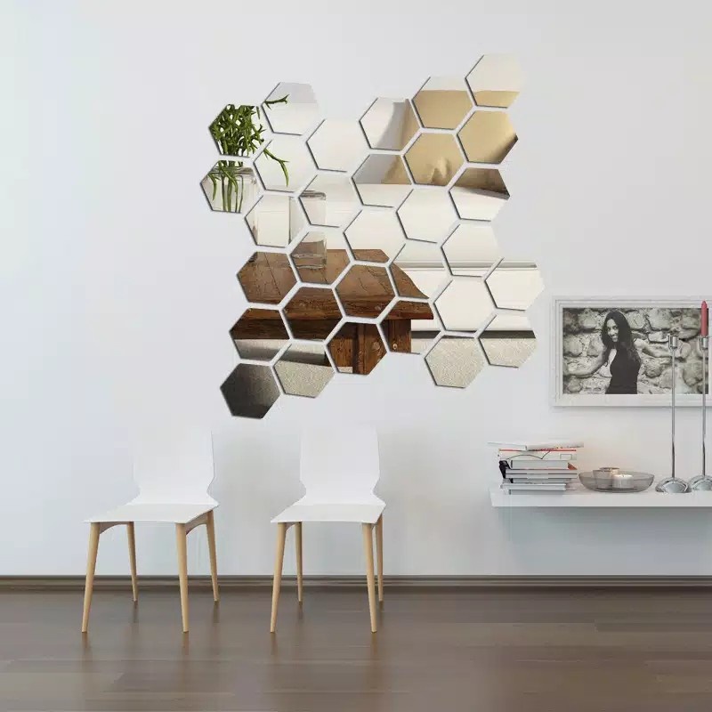 ART-033 18,4 x 16 x 9,2 cm Stiker Kaca Cermin Hexagonal Segi Enam Tempel DEKORASI Hiasan Dinding Mirror Wall Acrylic