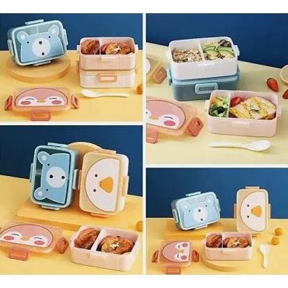 TOKO21GROSIR--LUNCHBOX KOTAK MAKAN KARAKTER BERUANG BEBEK PINGUIN 2 SEKAT 2518-17