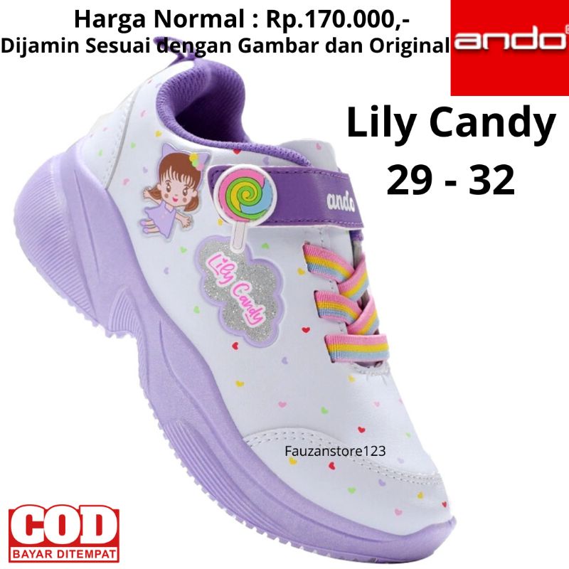 SEPATU ANAK PEREMPUAN ANDO LILY CANDY PEREKAT PUTIH SEKOLAH PAUD TK SD KARAKTER ORIGINAL