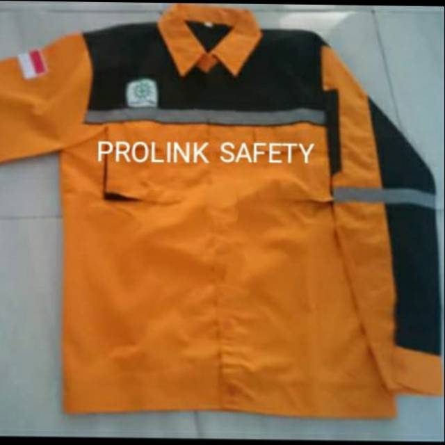 SERAGAM BAJU SAFETY ORANYE KOMBINASI HITAM RESLETING BARU KAIN DRILL