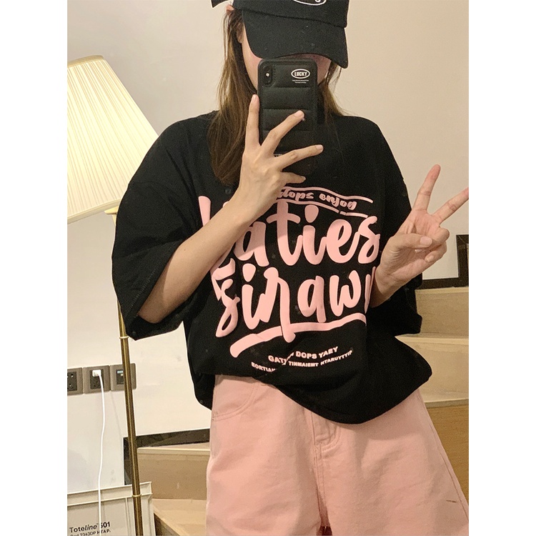 EUNII T-Shirt Lengan Pendek Hitam Longgar Korean Style/Kaos Atasan Wanita/Baju Oversize Wanita