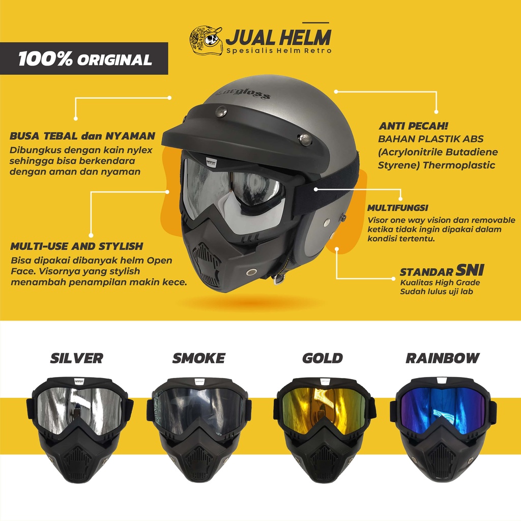 Helm Cargloss Original SNI + Goggle Mask | Helm Carglos Retro