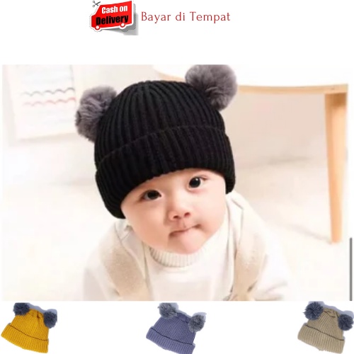 Kupluk Bayi / Kupluk Anak Model Pompom Polos Laki Perempuan Usia 0-2 Tahun