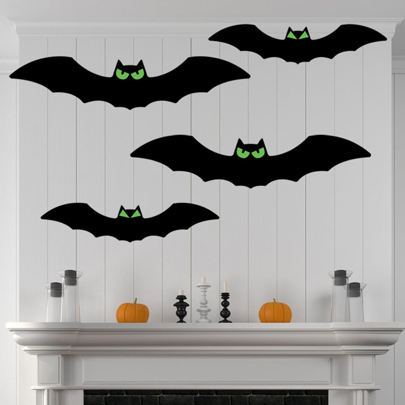 10pcs Stiker Dinding Desain Kelelawar 3D Realistis Warna Hitam Untuk Dekorasi Halloween