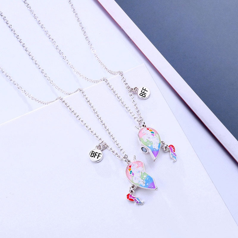 2pcs / Set Kalung Rantai Magnet Dengan Liontin Unicorn Warna-Warni Untuk Sahabat