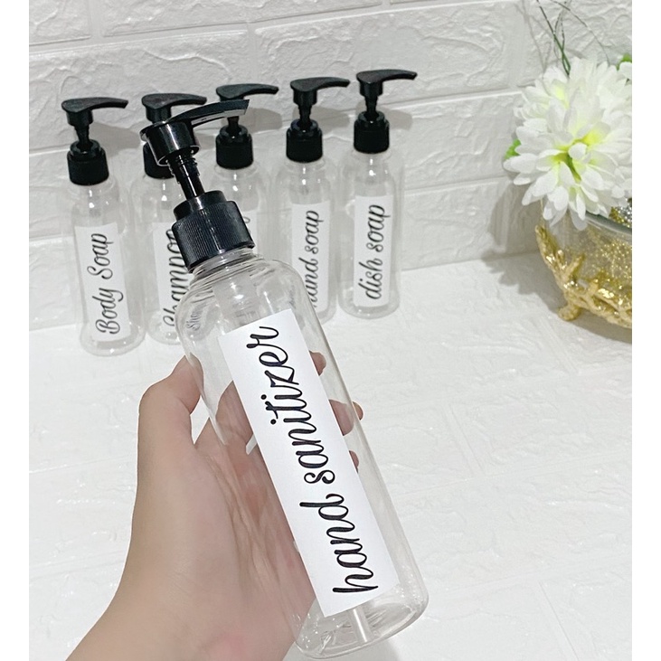 botol 250ml bening stiker putih . aesthetic bottle minimalist refill organizer tempat sabun cair pump estetik