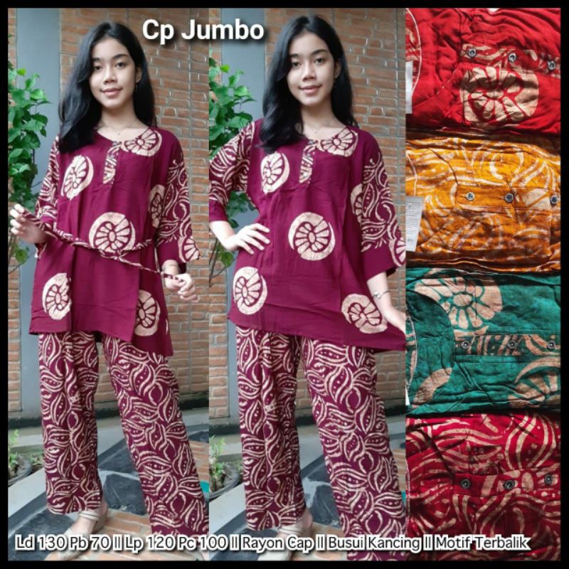 setelan jumbo ld 130cm busui bumil setelan batik jumbo cap setelan celana panjang santung tebal jami
